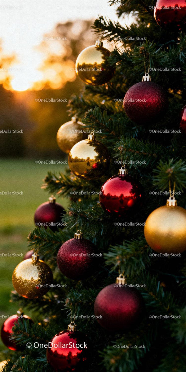 Christmas tree with red and gold baubles at sunset