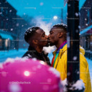 Affectionate winter kiss between two men in city
