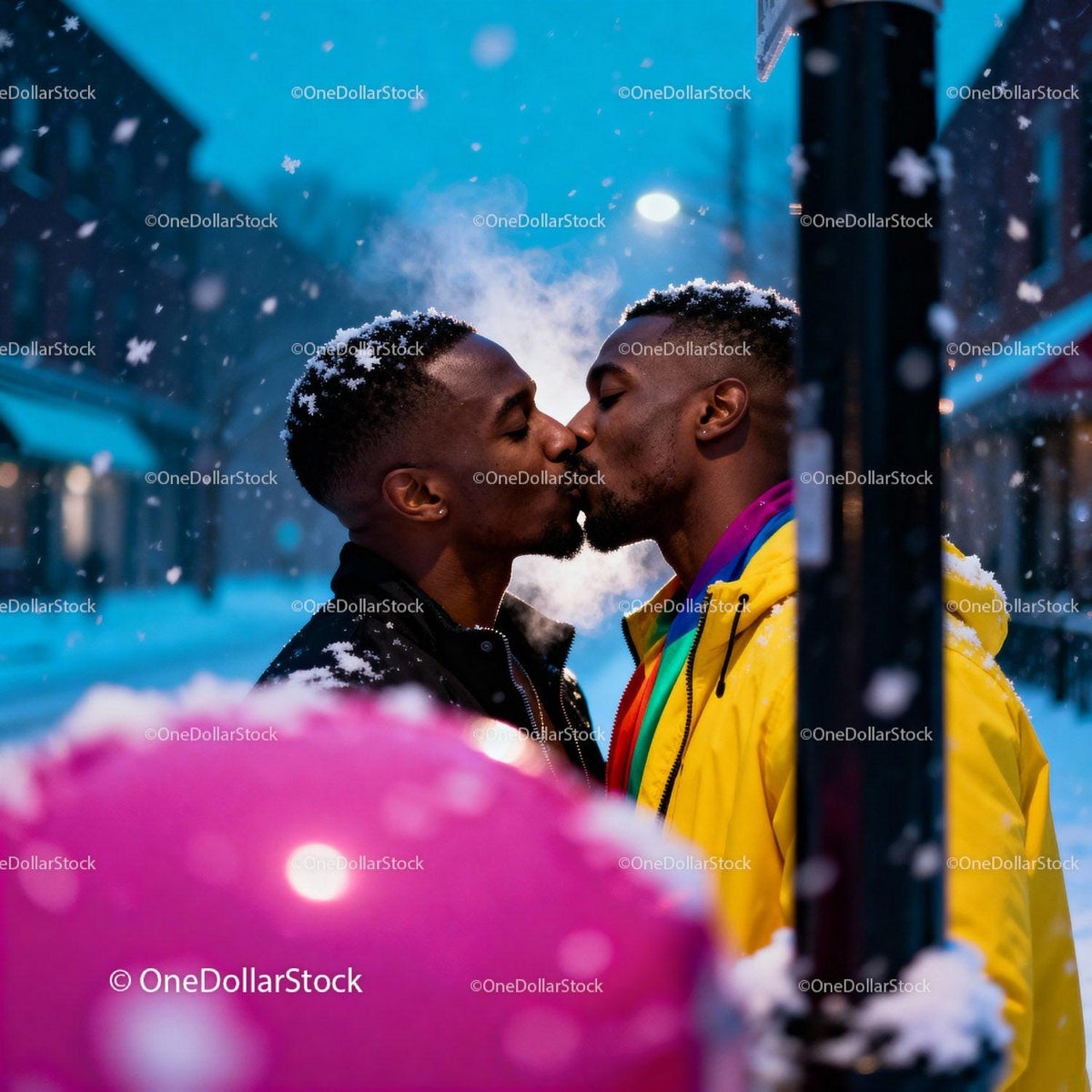 Affectionate winter kiss between two men in city
