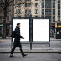 Blurred man walking past empty urban bus stop ads