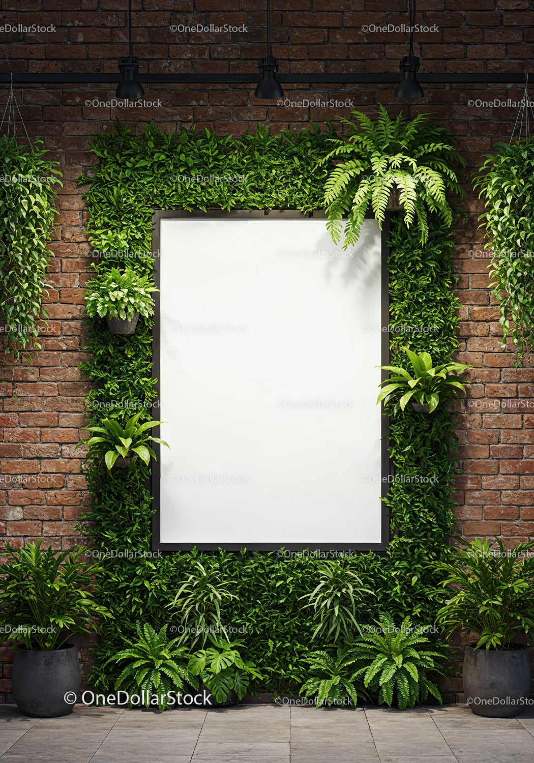 Green plants frame blank poster on rustic brick wall