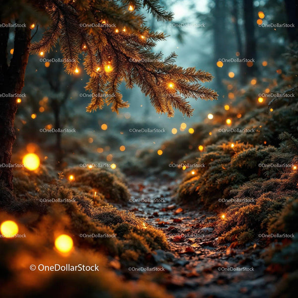 Enchanted forest path glowing with golden lights