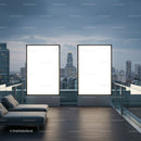 Modern rooftop lounge with illuminated advertising panels