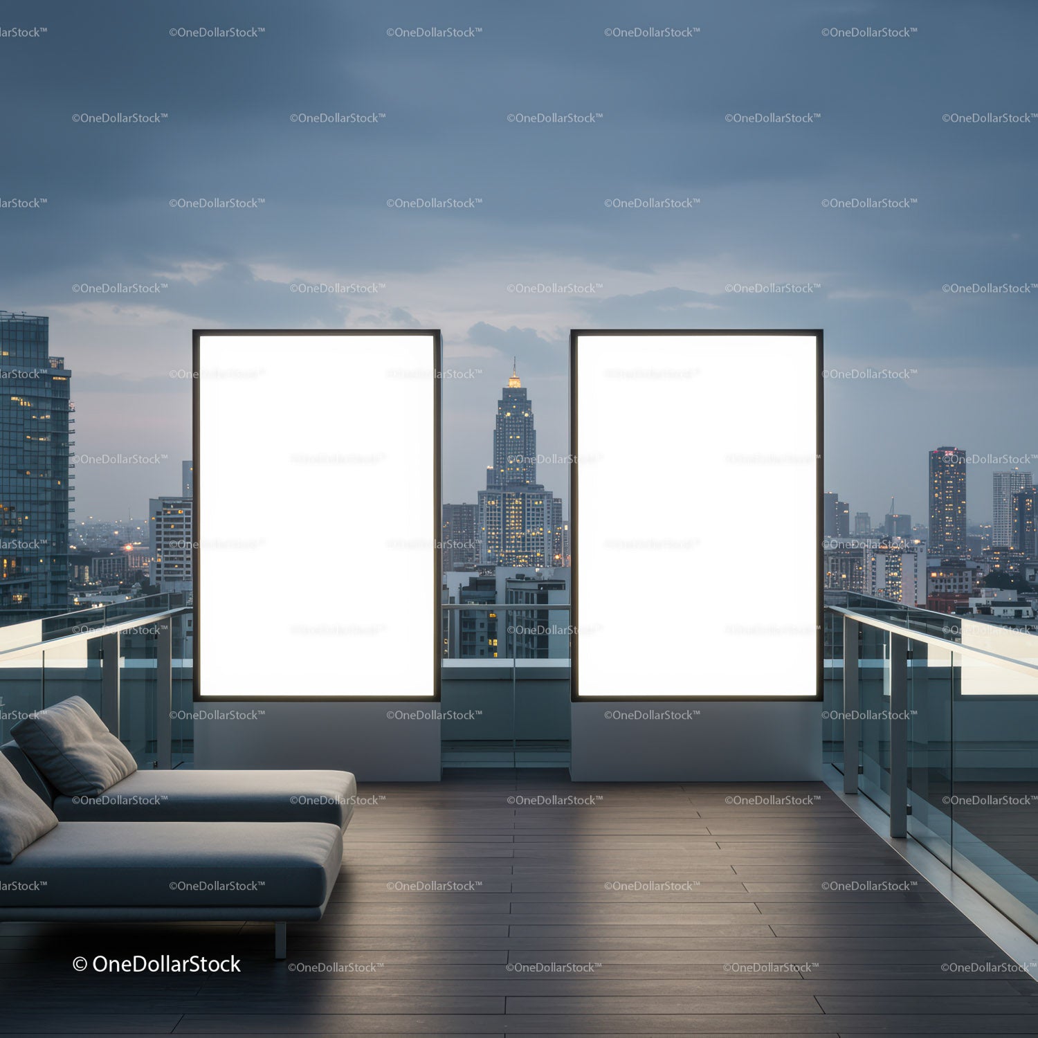 Modern rooftop lounge with illuminated advertising panels
