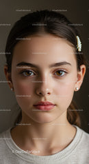 Portrait of a Young Girl with Brown Eyes and Pearl Hair Accessory