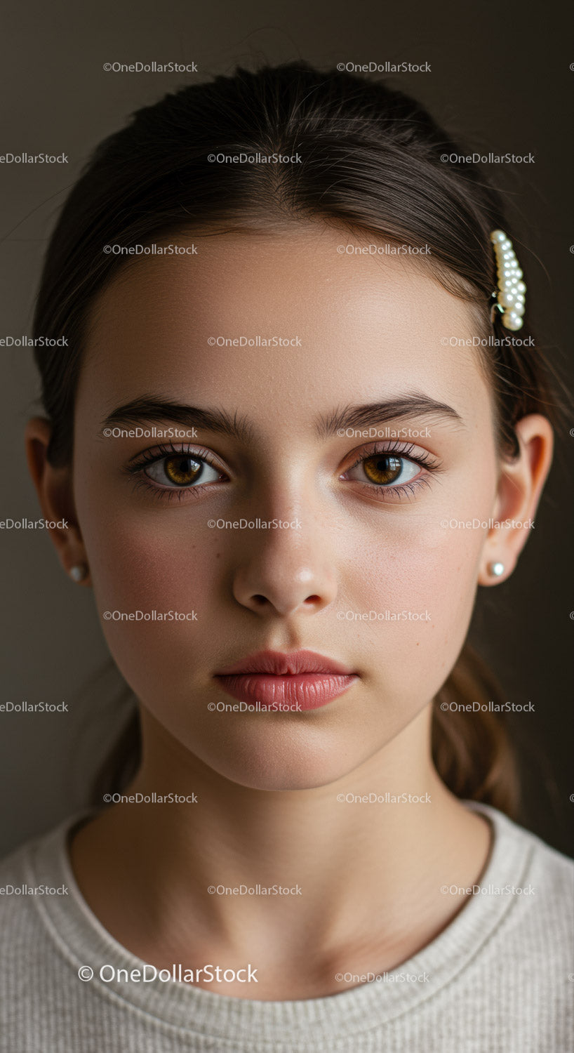 Portret młodej dziewczyny z brązowymi oczami i perłową ozdobą we włosach