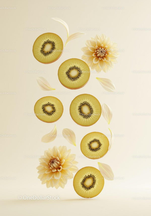 Golden kiwi slices with soft yellow flowers on light background