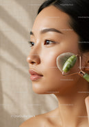 Asian Woman Using Jade Roller for Facial Skin Care Therapy