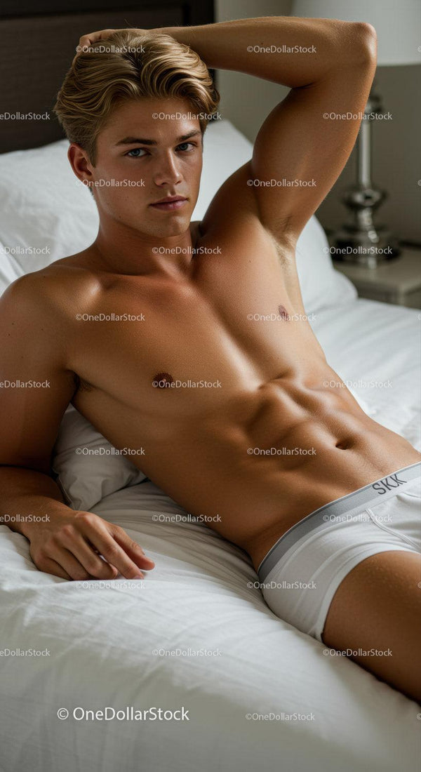 Young muscular man relaxing on bed wearing white underwear