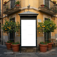 Empty billboard surrounded by orange trees in urban courtyard
