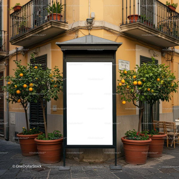 Empty billboard surrounded by orange trees in urban courtyard JPG Mockup Image