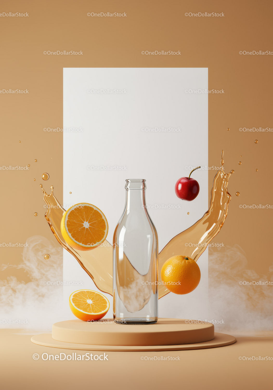 Floating fruits and splash around glass bottle on pedestal