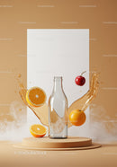 Floating fruits and splash around glass bottle on pedestal
