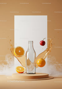 Floating fruits and splash around glass bottle on pedestal