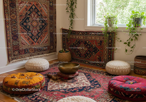 Cozy meditation corner with cushions and hanging plants