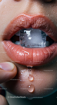 Close-Up of Glossy Lips with Ice Cube for Refreshing Hydration