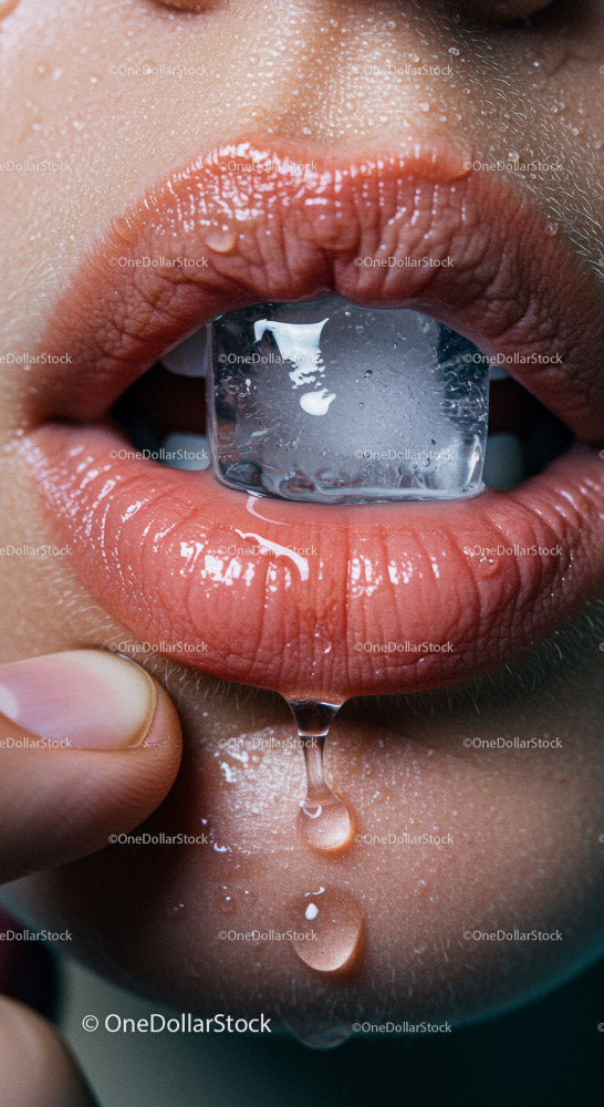 Close-Up of Glossy Lips with Ice Cube for Refreshing Hydration