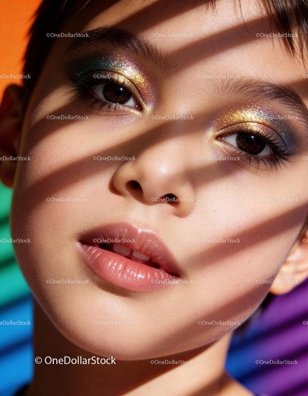 Close-up of young person with vibrant shimmering makeup