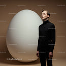 Calm man standing next to giant white egg on beige