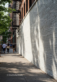 City Sidewalk Scene with Pedestrians and Urban Architecture