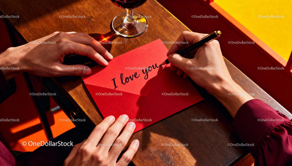 Writing a heartfelt love note on a red envelope