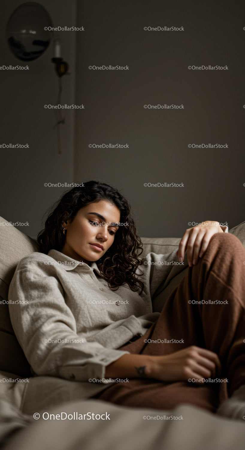 Relaxed Young Woman Sitting on Sofa in Cozy Home Ambiance
