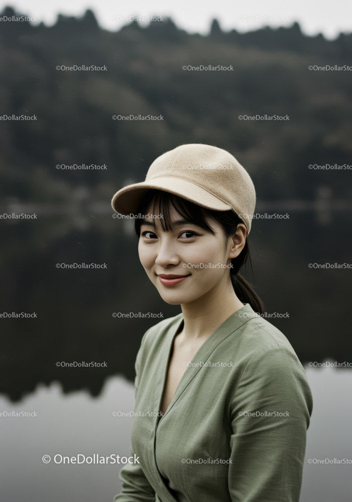 Young Woman Wearing Beige Cap Smiling by Lake in Nature
