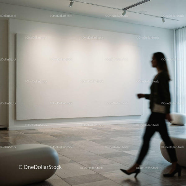 Woman walking past large blank canvas in modern gallery JPG Mockup Image