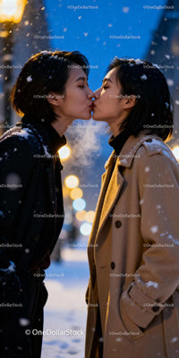 Couple sharing a tender kiss on a snowy winter evening
