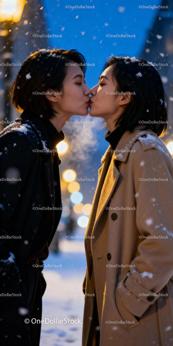 Couple sharing a tender kiss on a snowy winter evening