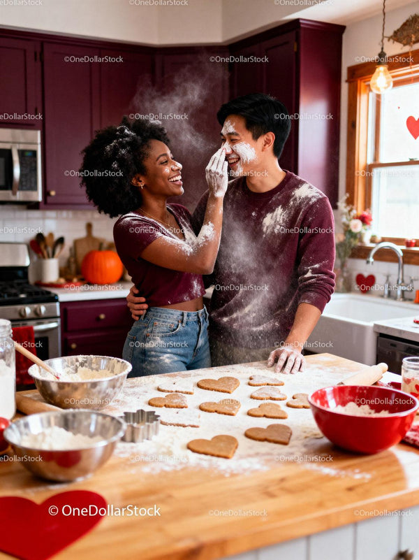 Couple playfully baking heart cookies in cozy kitchen
