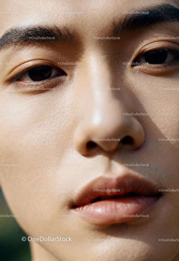 Close-up of serene face highlighting natural skin texture