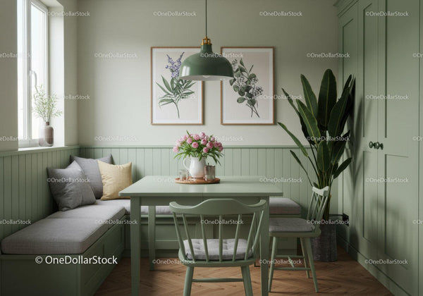 Serene Green Dining Nook with Botanical Artwork and Indoor Plants