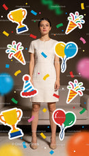 Young woman amid colorful party icons and falling confetti