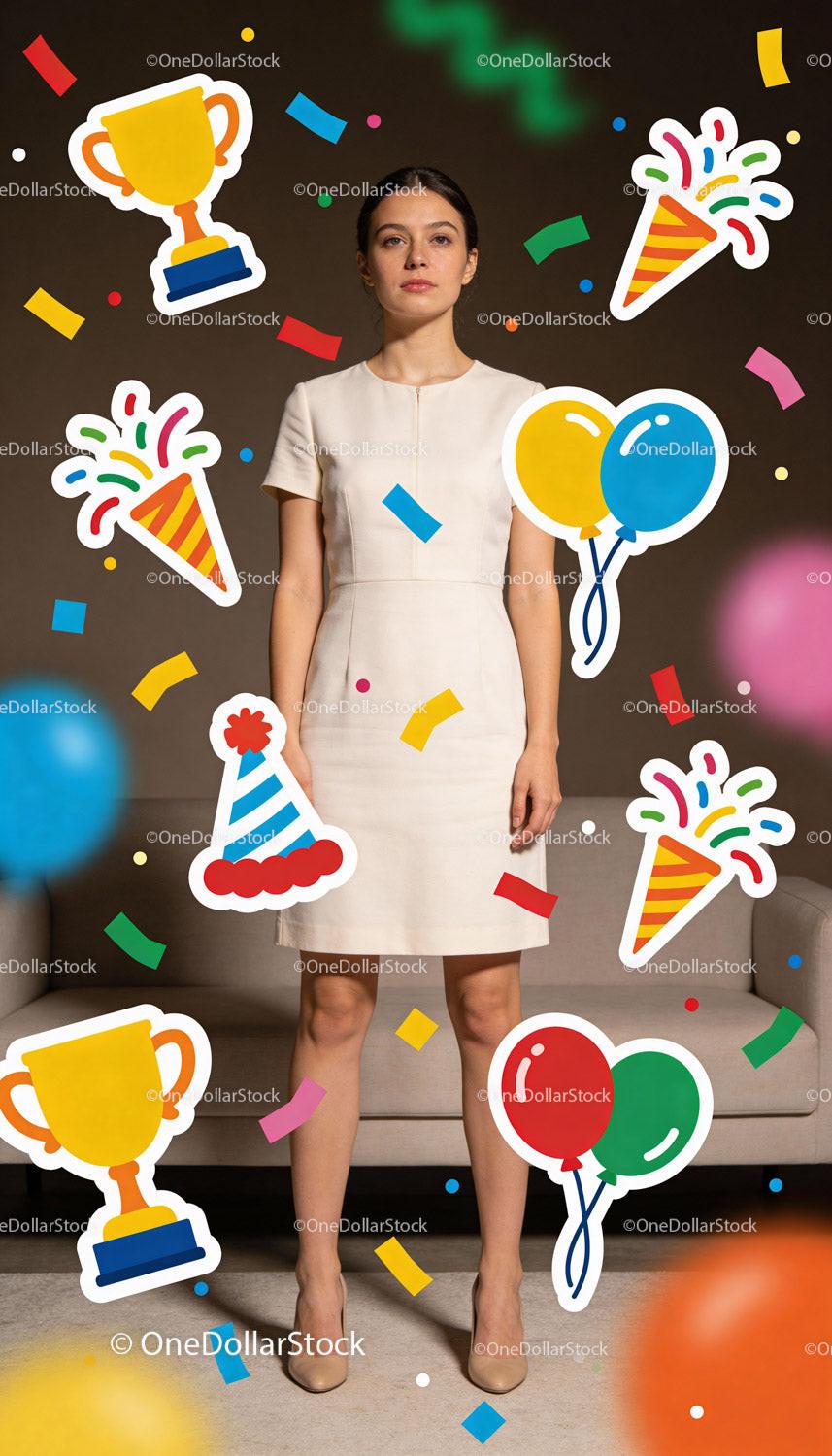 Young woman amid colorful party icons and falling confetti