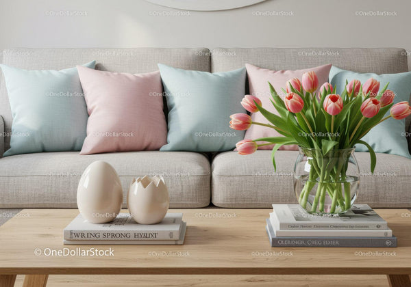 Cozy living room with pastel cushions and tulip bouquet