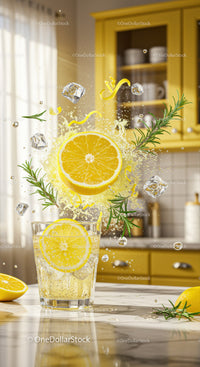 Refreshing Lemon and Herb Sparkling Drink in Kitchen