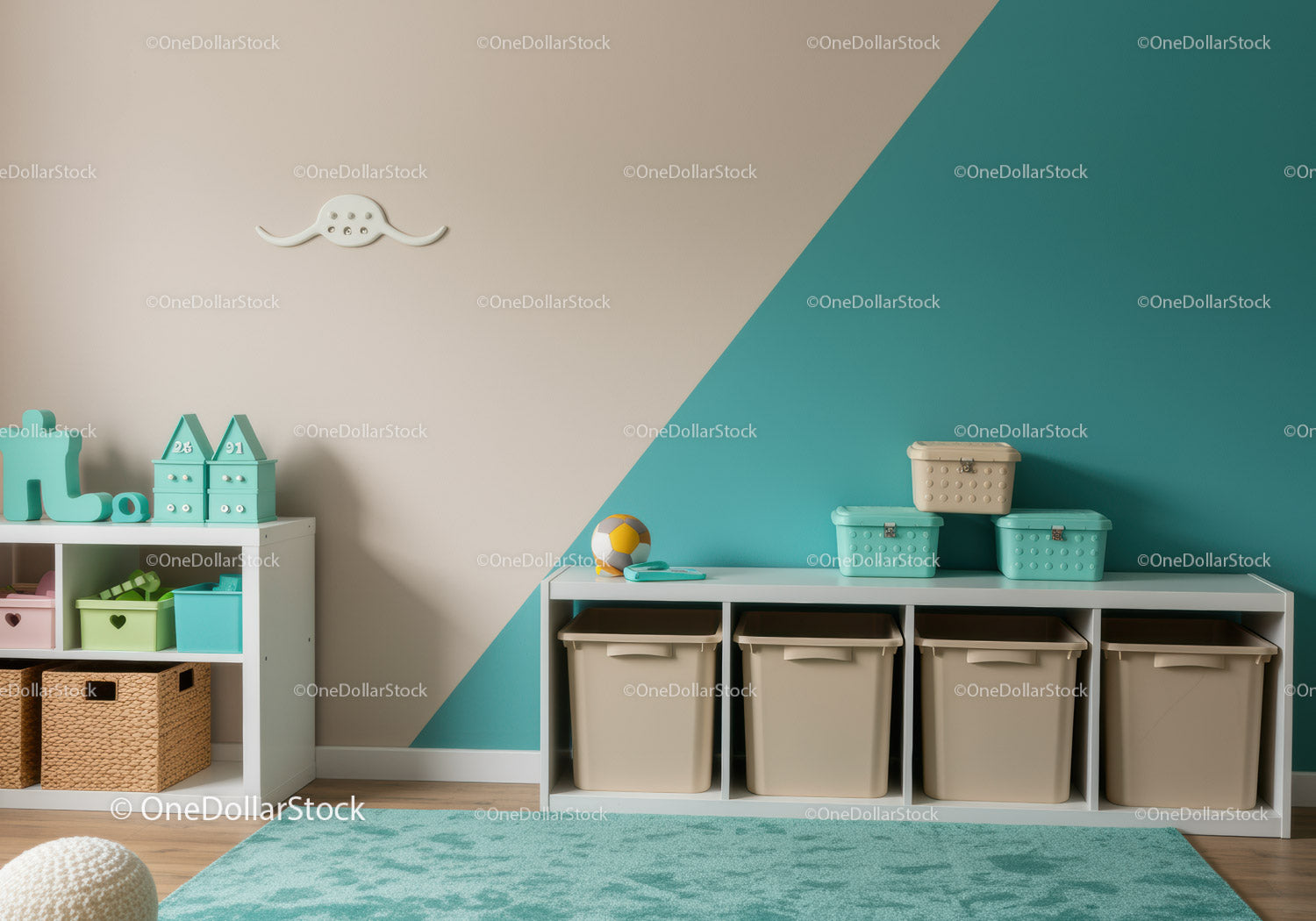 Modern Kids' Bedroom with Colorful Storage Bins and Wall Decor