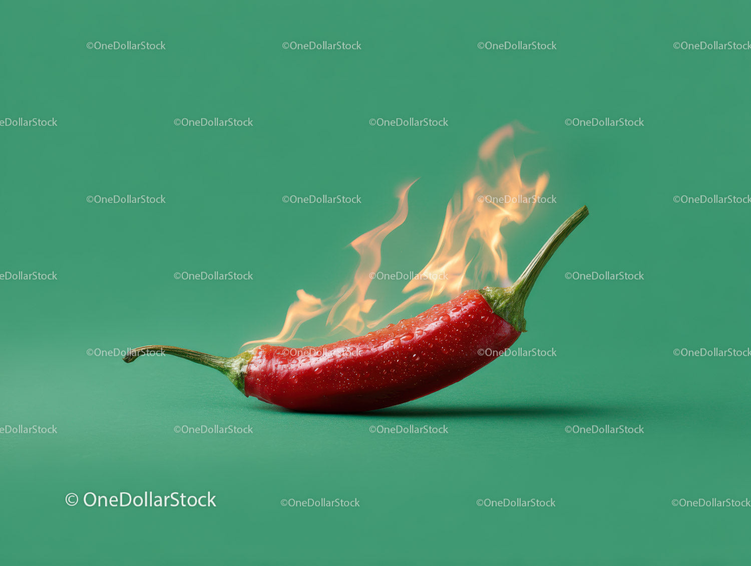 Fiery Red Chili Pepper with Flames on Vibrant Green Background