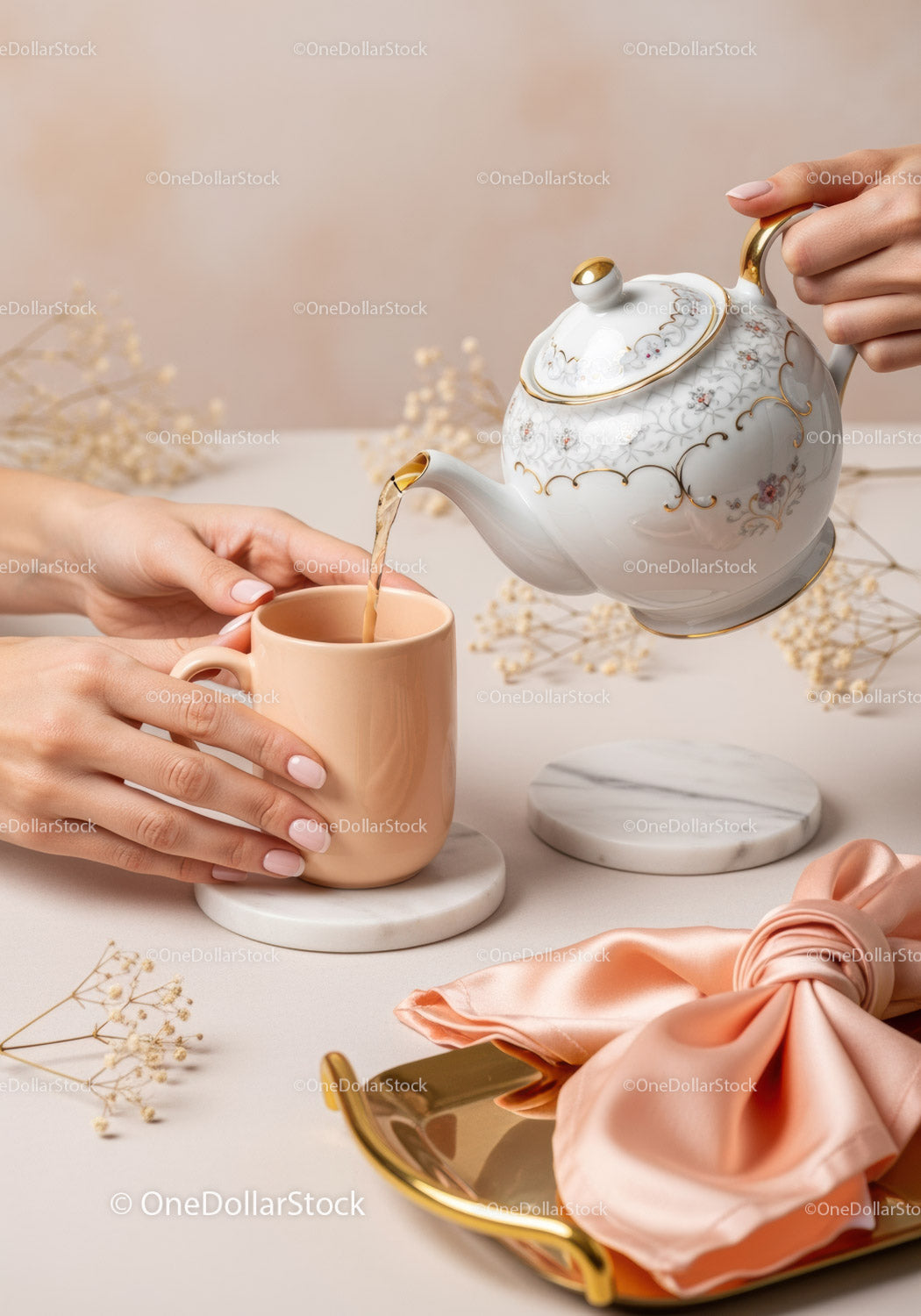 Elegant Porcelain Teapot Pouring Tea into Peach Mug in Cozy Kitchen Scene
