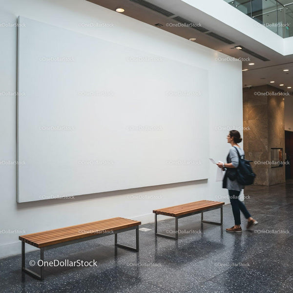 Woman observing large blank canvas in modern gallery JPG Mockup Image
