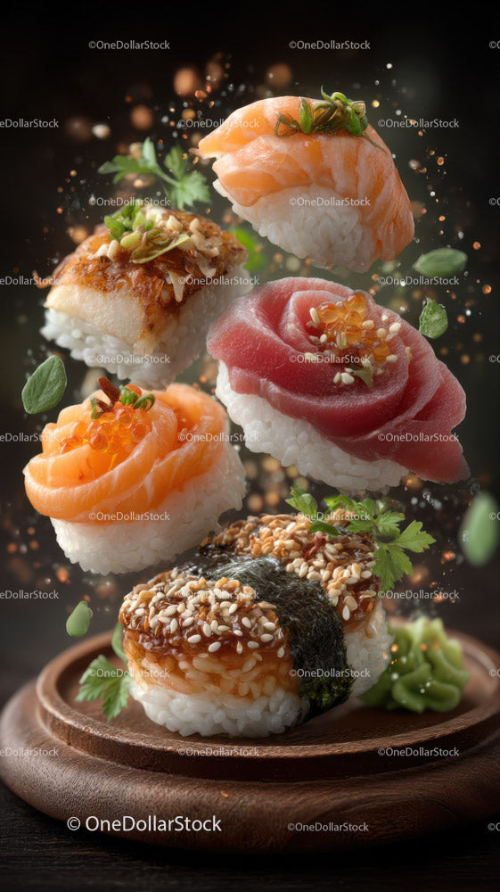 Assorted Sushi Platter with Fresh Fish and Garnishes