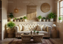 Cozy beige living room with lush green plants and natural decor