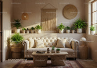 Cozy beige living room with lush green plants and natural decor