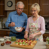 Senior couple preparing appetizers together in cozy kitchen