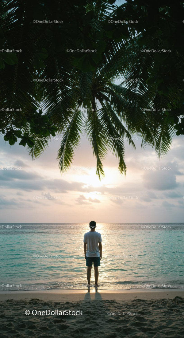 Serene Sunset at the Beach with Palm Trees and Ocean Horizon