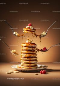 Stack of fluffy pancakes with syrup and fresh fruit