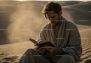 Man Reading Book in Desert Landscape During Sunset