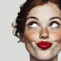 Freckled Woman with Red Lipstick and Curly Hair Close-up Portrait