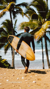 Surfer Walking Towards Ocean Through Sandy Beach